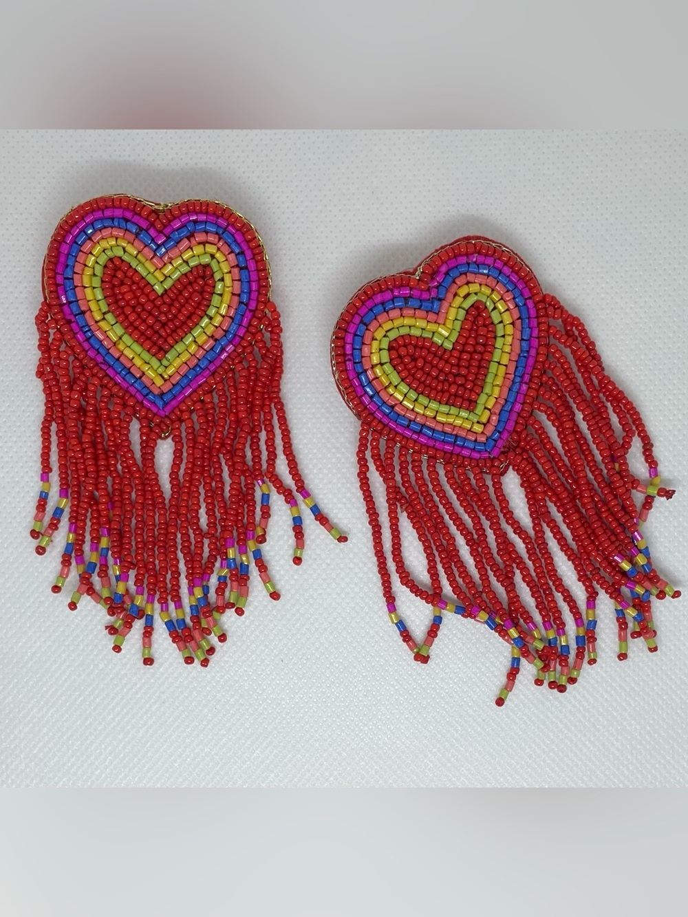 ❤️Colorful Heart Fringe Statement Earrings. Boho Valentine Rainbow Seed Beads